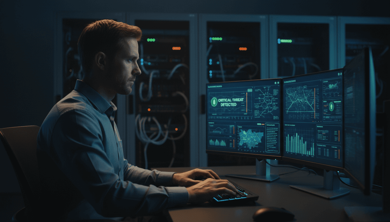Cybersecurity analyst monitoring security dashboards and threat detection systems